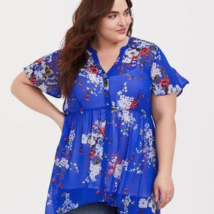 Torrid Size 3 Lexie Babydoll Royal Blue with Floral Design Chiffon Tunic